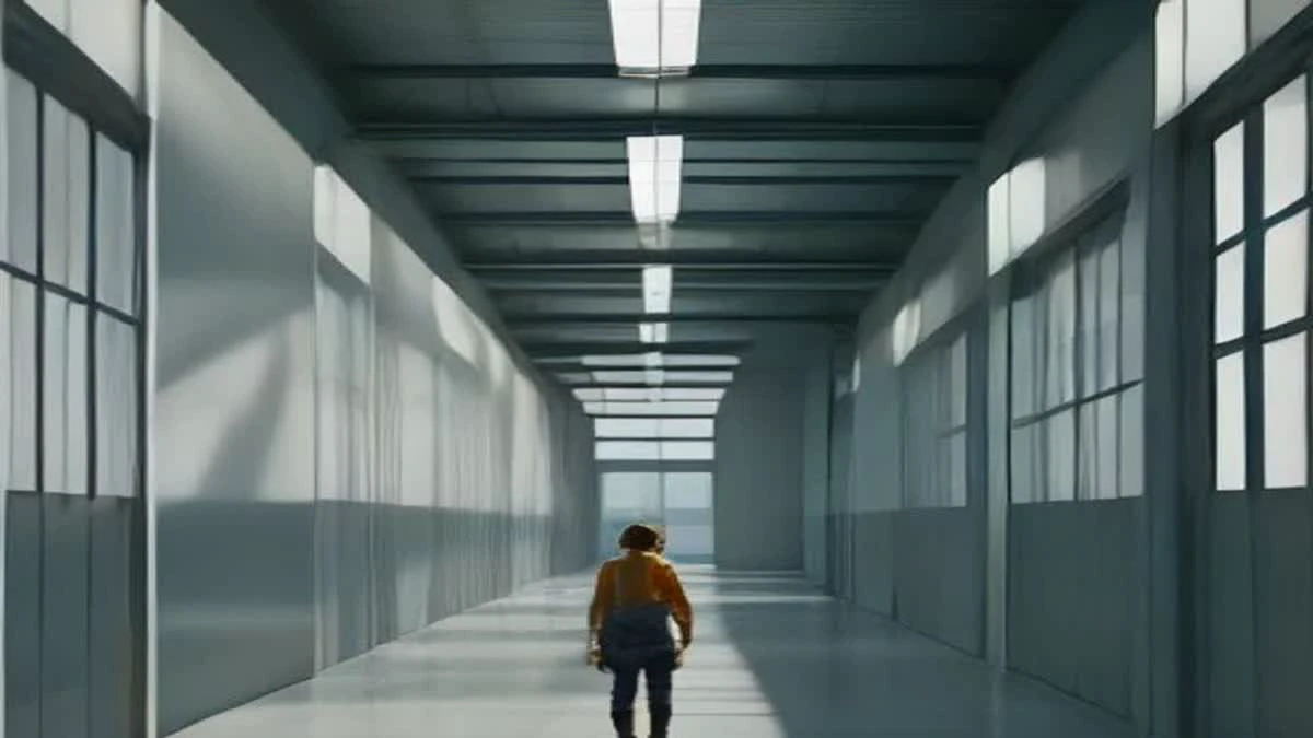 Engineers walking between rows of computing hardware in a bright industrial hall